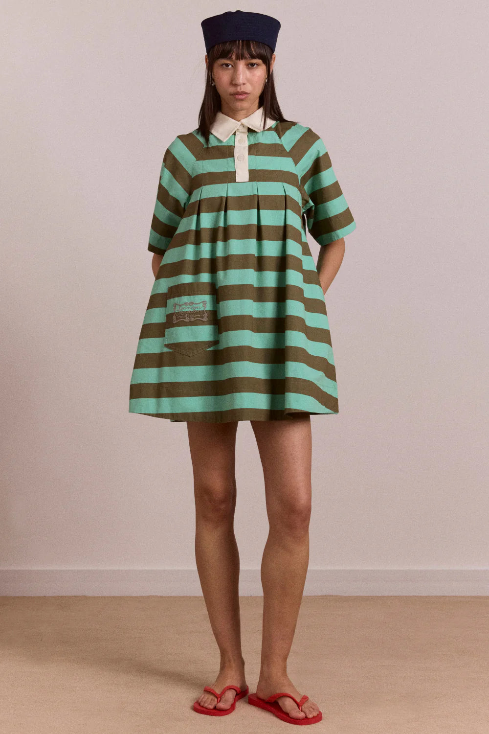 Damson Madder - Maggie Mini Polo Dress - Aqua Olive Stripe