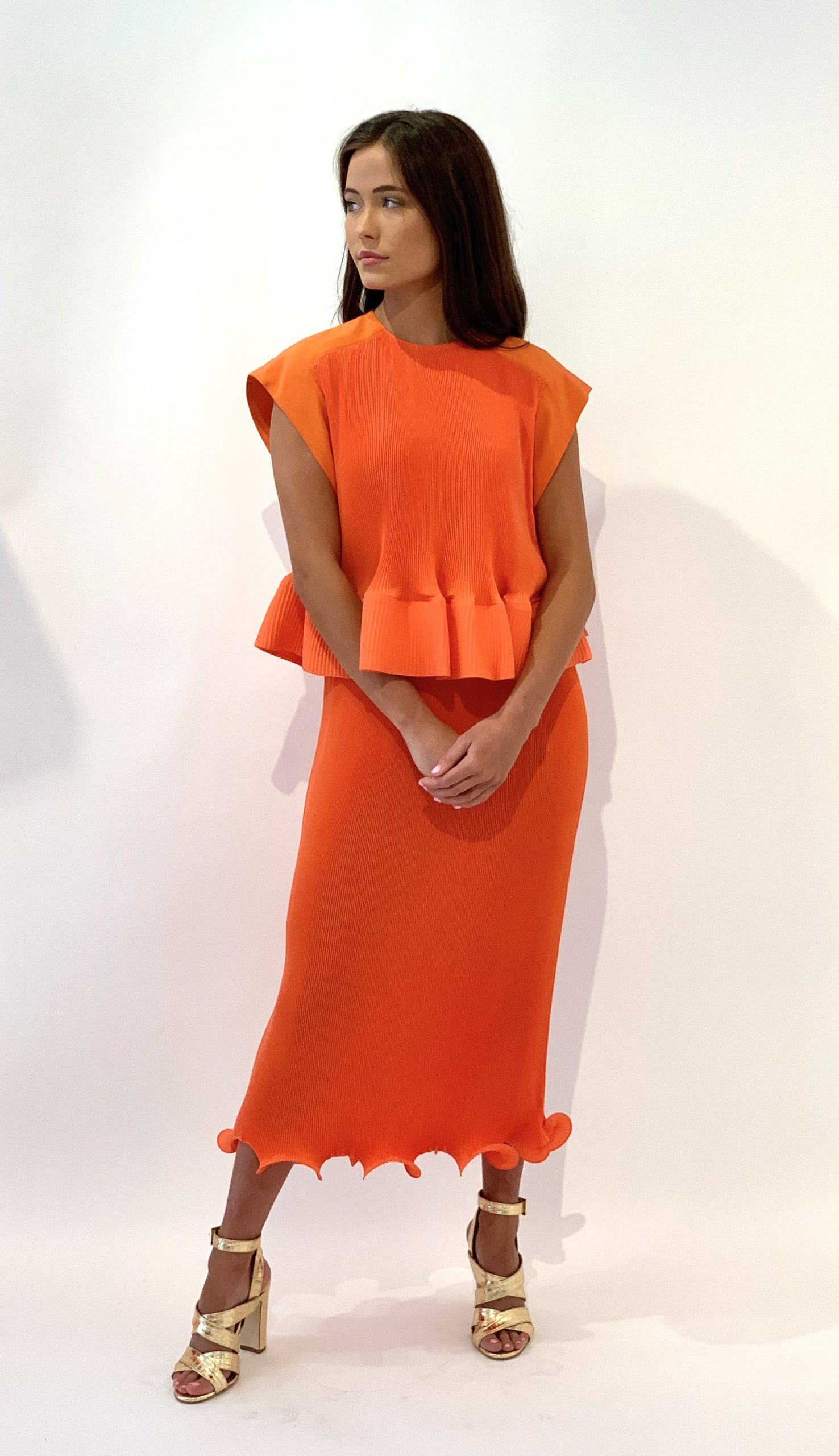 orange pleated dress